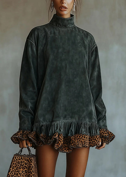Boho Chocolate Hign Neck Ruffled Patchwork Faux Suede Dresses Spring