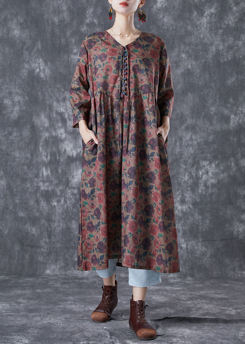 Boho Chocolate Print Button Lace Up Linen Long Dress Bracelet Sleeve