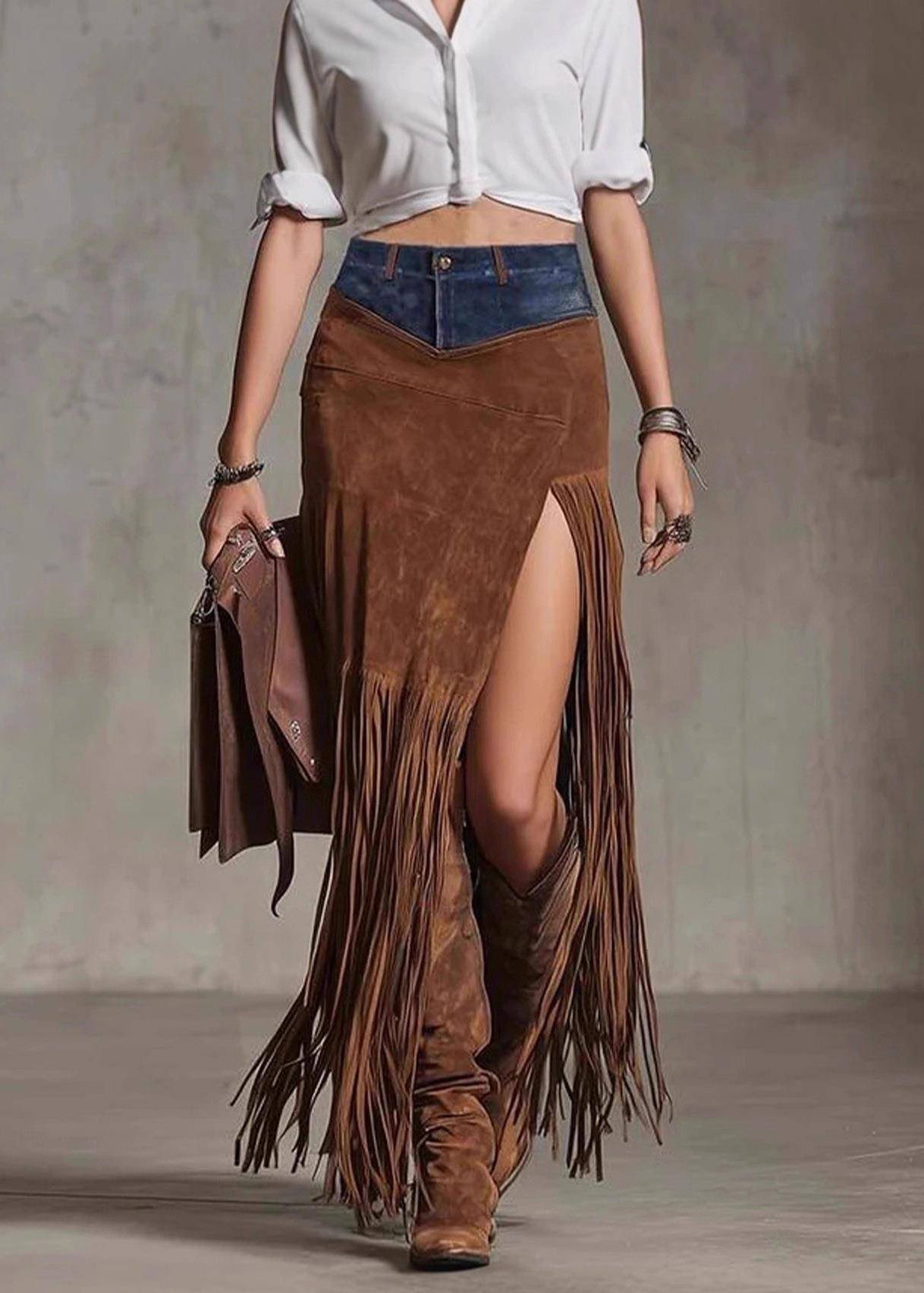 Boho Chocolate Tassel Patchwork Faux Suede Skirt Spring