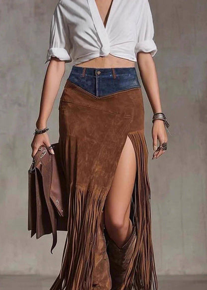 Boho Chocolate Tassel Patchwork Faux Suede Skirt Spring