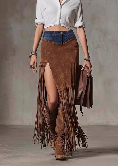 Boho Chocolate Tassel Patchwork Faux Suede Skirt Spring