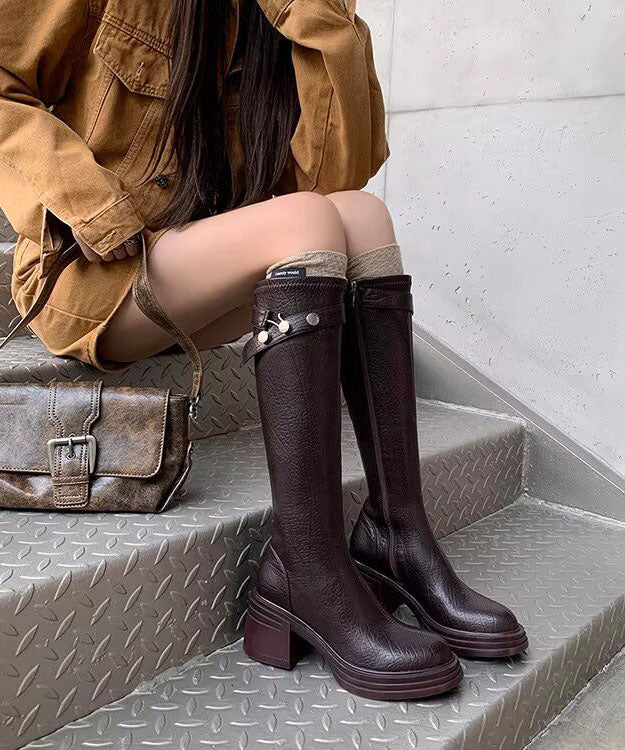 Boho Chunky Boots Brown Faux Leather Knee Boots