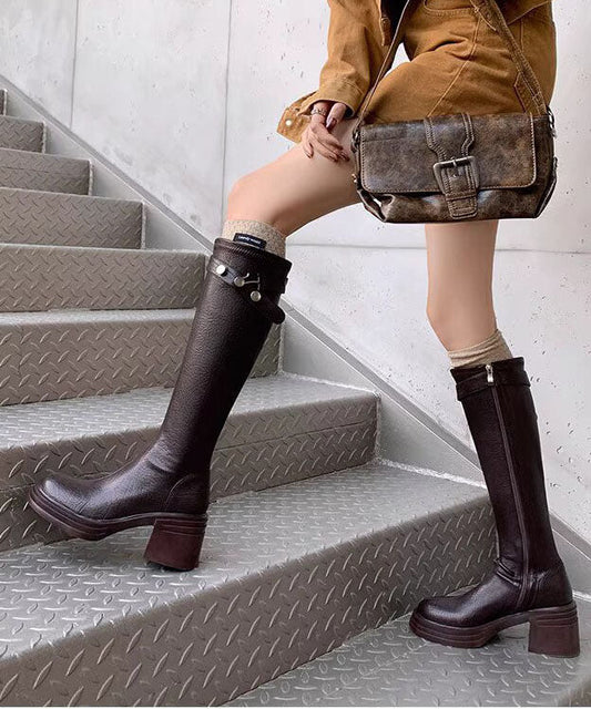 Boho Chunky Boots Brown Faux Leather Knee Boots