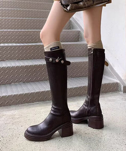 Boho Chunky Boots Brown Faux Leather Knee Boots