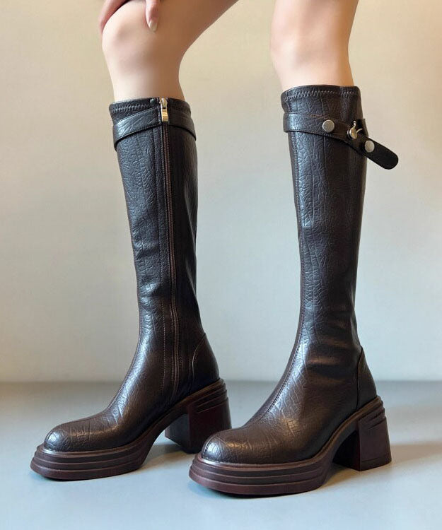 Boho Chunky Boots Brown Faux Leather Knee Boots