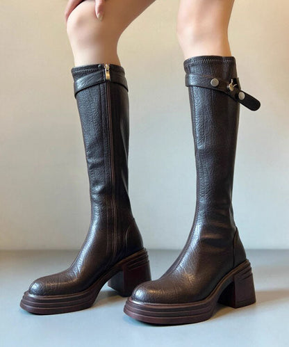 Boho Chunky Boots Brown Faux Leather Knee Boots