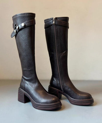 Boho Chunky Boots Brown Faux Leather Knee Boots