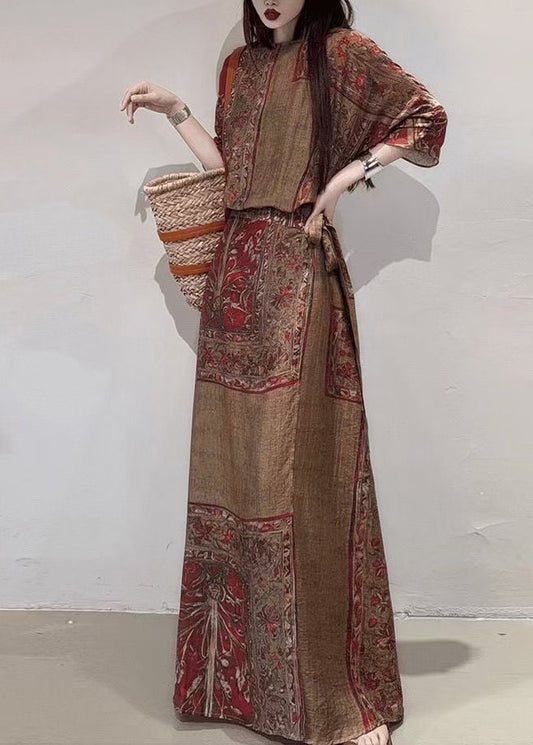 Boho Coffee Cinched Print Linen Holiday Dress Summer