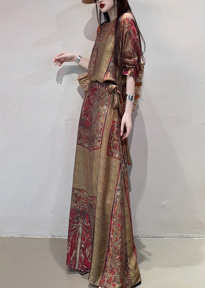 Boho Coffee Cinched Print Linen Holiday Dress Summer