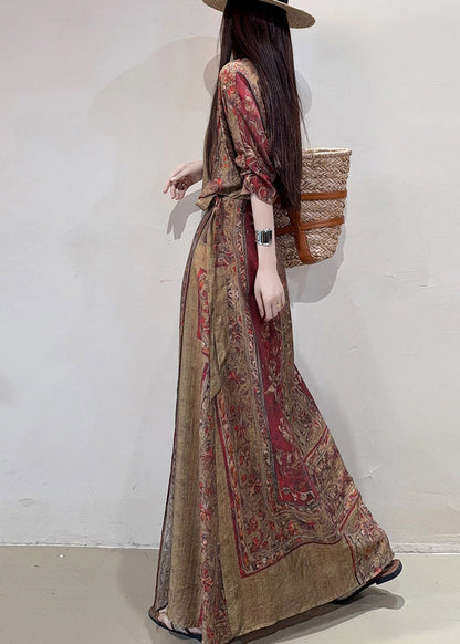 Boho Coffee Cinched Print Linen Holiday Dress Summer