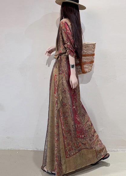 Boho Coffee Cinched Print Linen Holiday Dress Summer