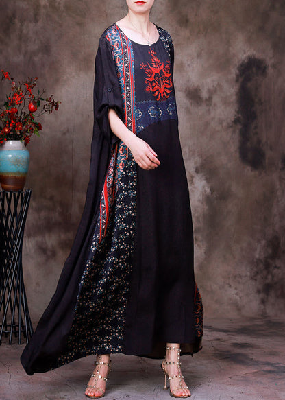 Boho Chocolate Colour Print Patchwork Silk Maxi Dress Long Sleeve