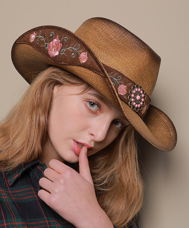 Boho Coffee Embroidered Straw Woven Cloche Hat