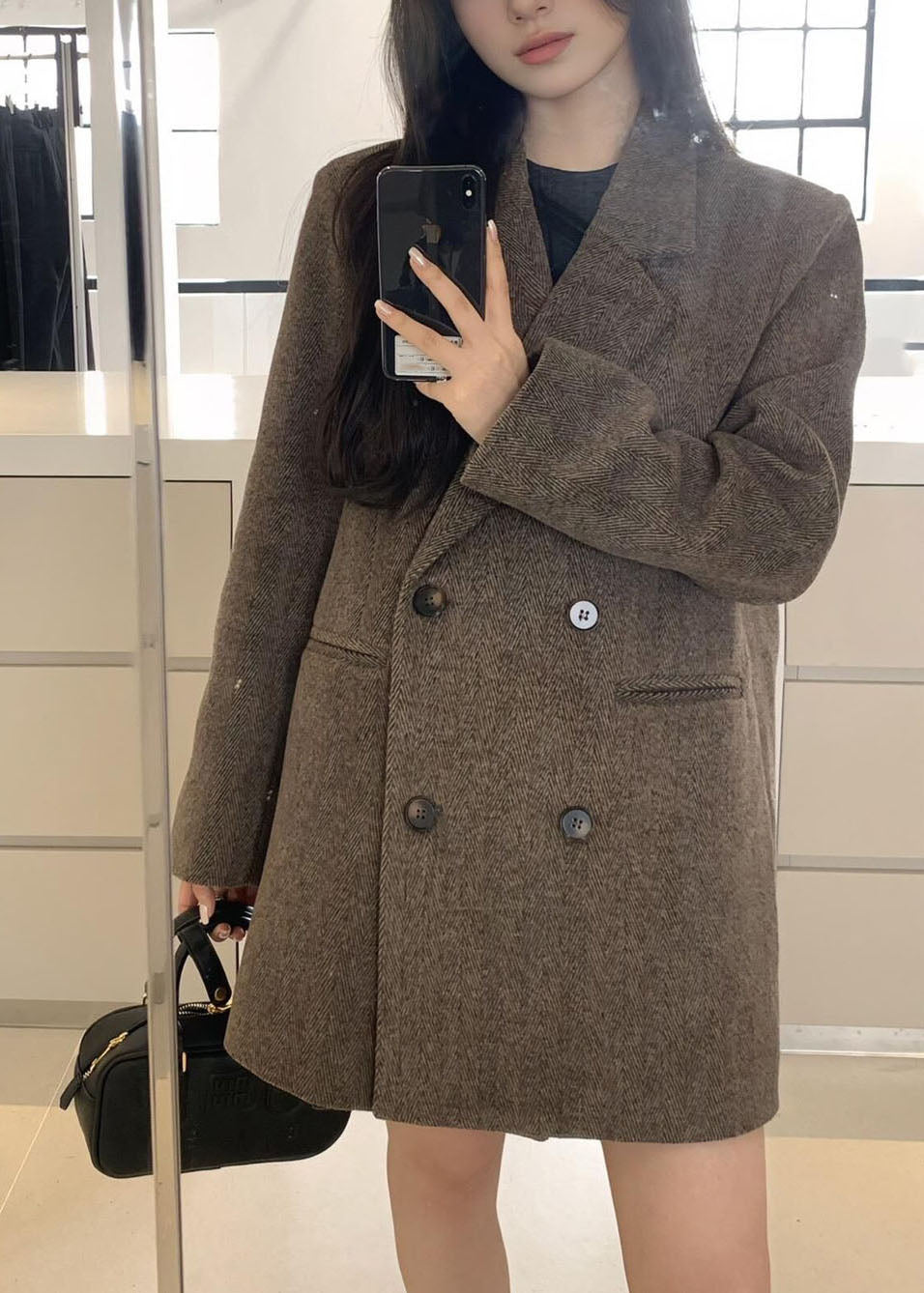 Boho Coffee Notched Pockets Patchwork Woolen Coats Long Sleeve