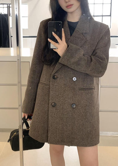 Boho Coffee Notched Pockets Patchwork Woolen Coats Long Sleeve