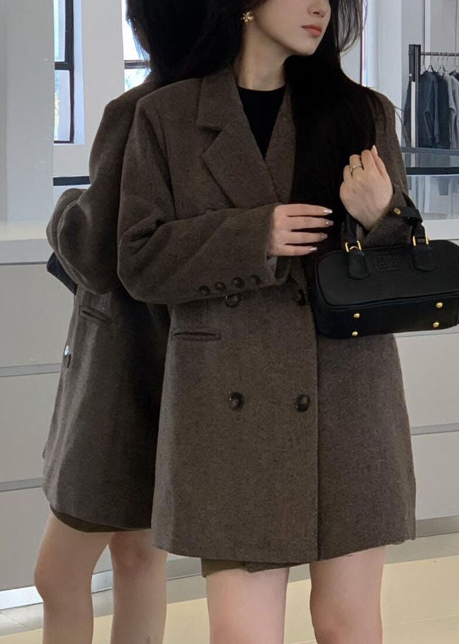 Boho Coffee Notched Pockets Patchwork Woolen Coats Long Sleeve
