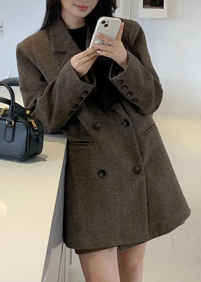 Boho Coffee Notched Pockets Patchwork Woolen Coats Long Sleeve