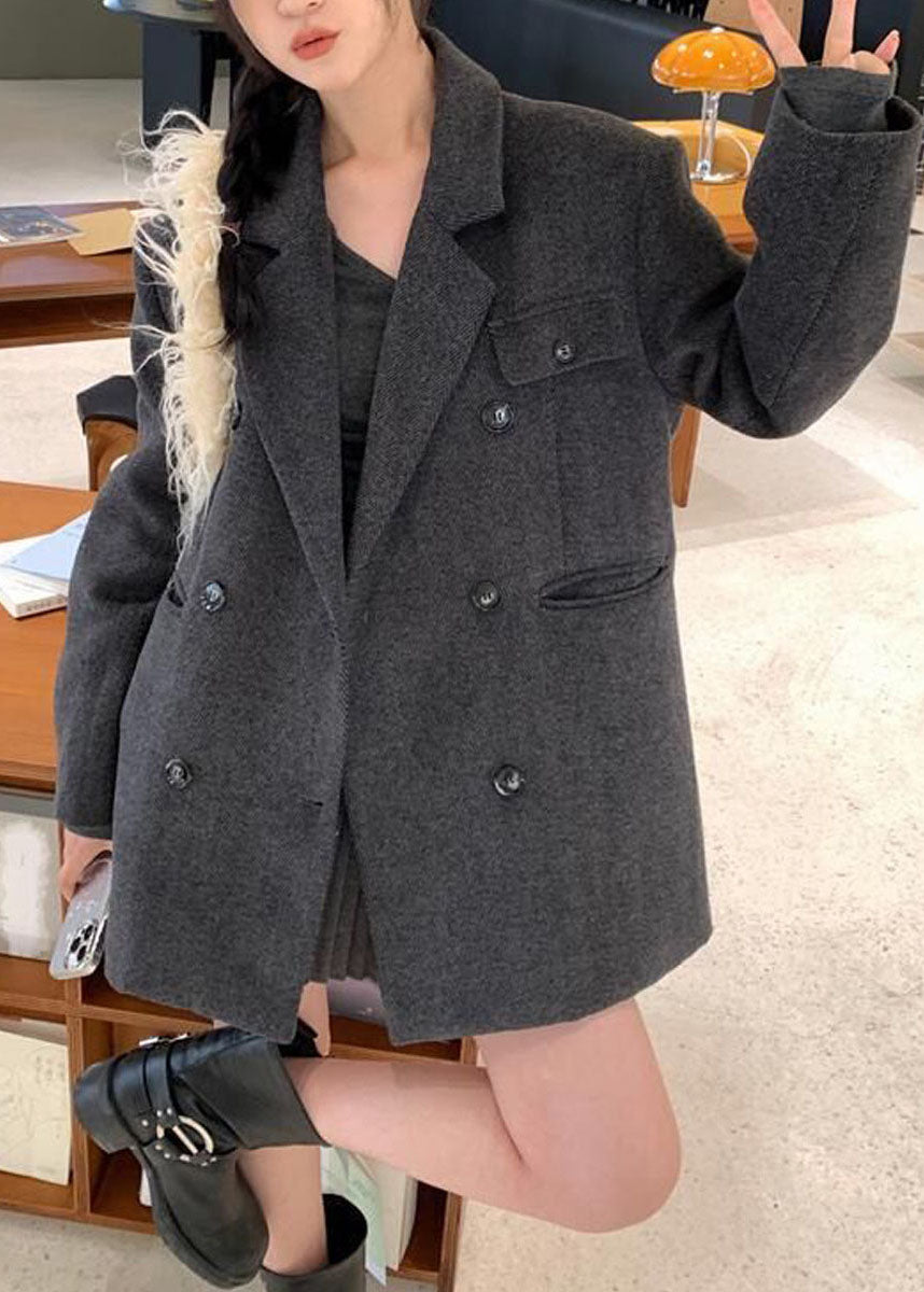 Boho Coffee Notched Pockets Patchwork Woolen Coats Long Sleeve
