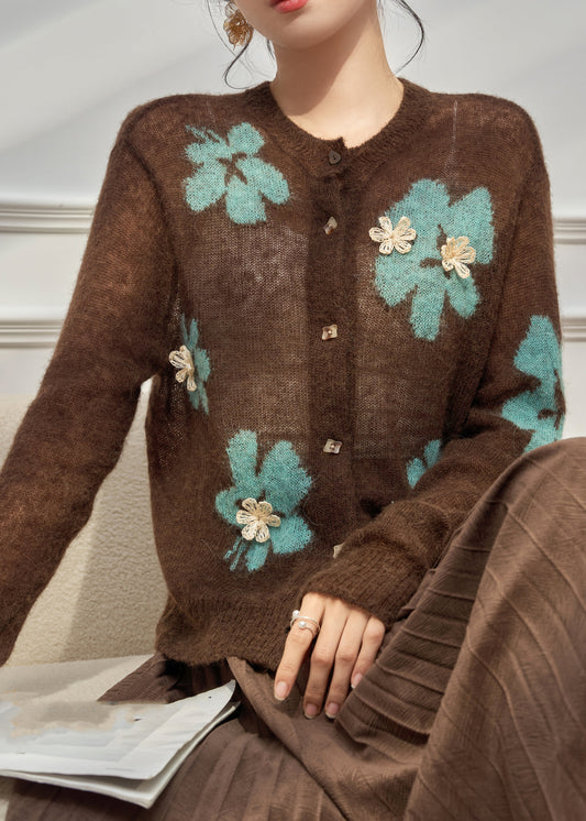 Boho Coffee O-Neck Patchwork Button Cotton Knit Cardigan Spring