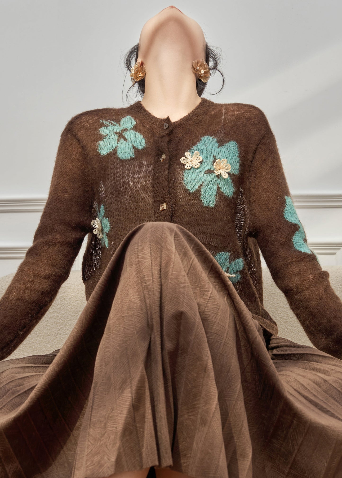 Boho Coffee O-Neck Patchwork Button Cotton Knit Cardigan Spring