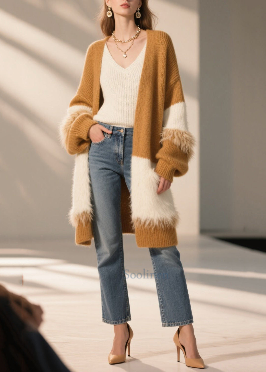 Boho Coffee Oversized Patchwork Faux Fur Long Cardigan Winter