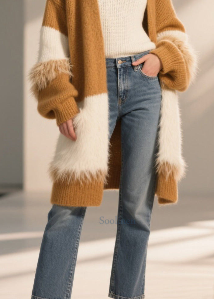 Boho Coffee Oversized Patchwork Faux Fur Long Cardigan Winter