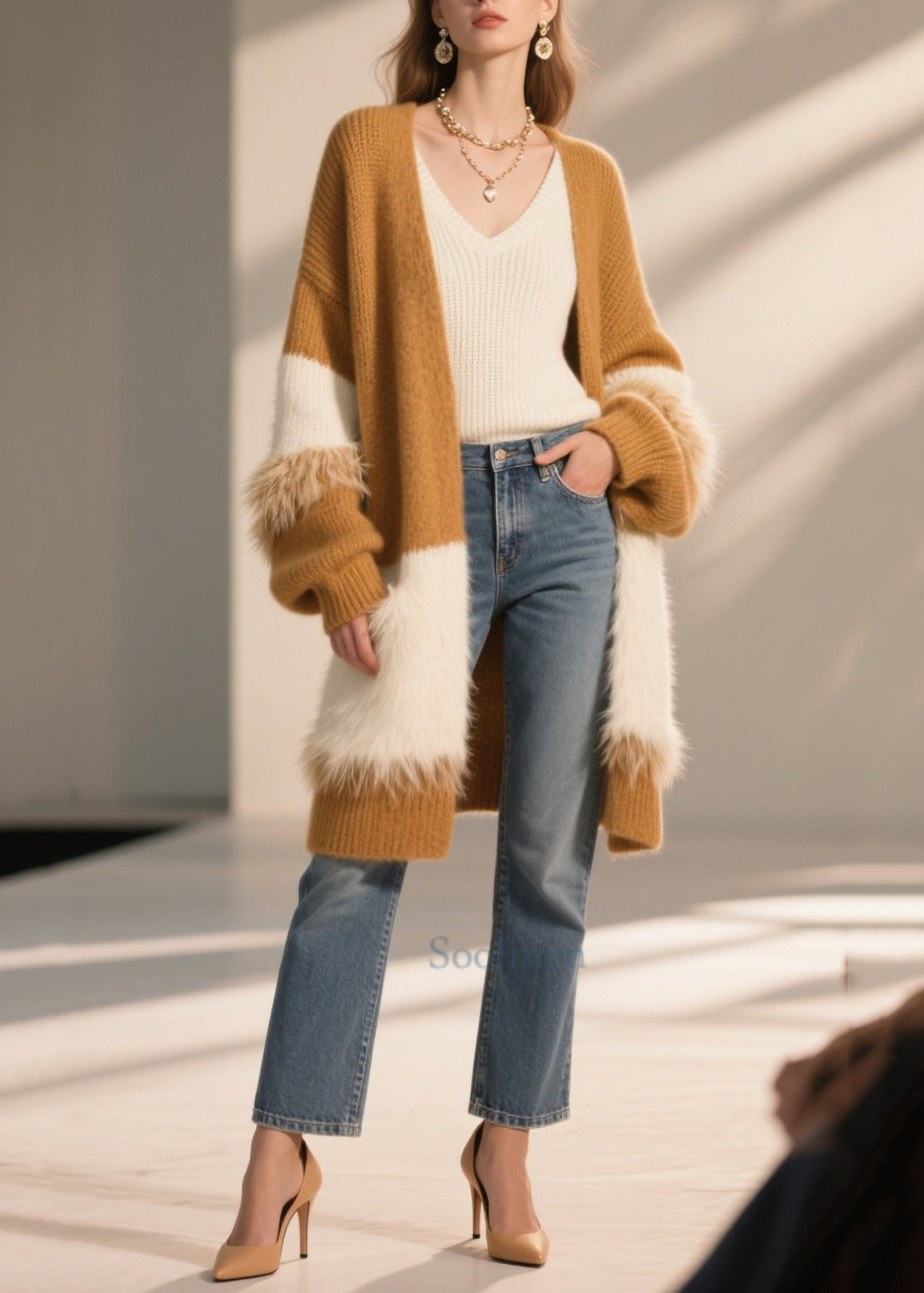 Boho Coffee Oversized Patchwork Faux Fur Long Cardigan Winter