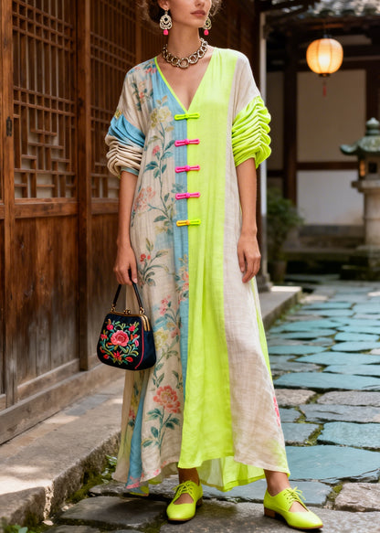 Boho Colorblock Asymmetrical Patchwork Chinese Button Cotton Dress Summer