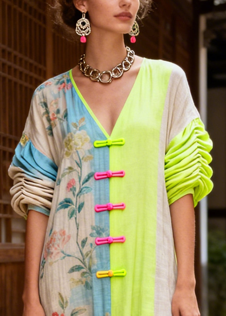 Boho Colorblock Asymmetrical Patchwork Chinese Button Cotton Dress Summer