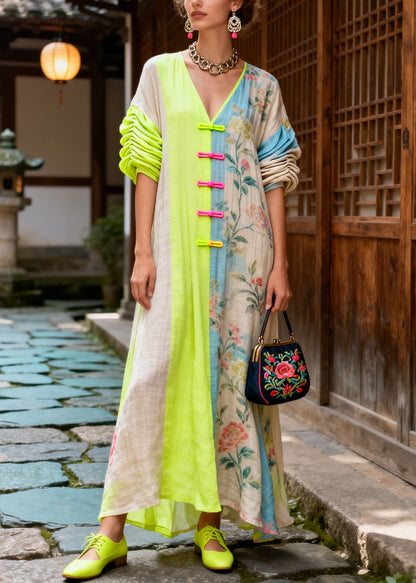 Boho Colorblock Asymmetrical Patchwork Chinese Button Cotton Dress Summer