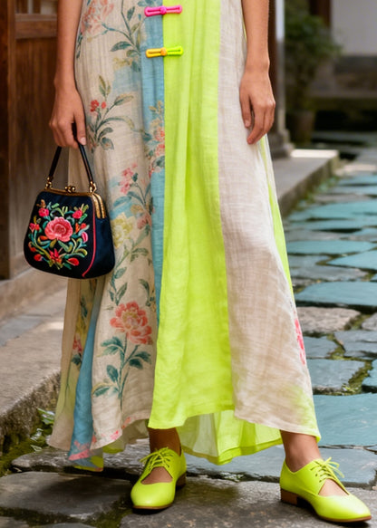Boho Colorblock Asymmetrical Patchwork Chinese Button Cotton Dress Summer