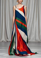 Boho Colorblock Cold Shoulder Draping Silk Long Dresses Sleeveless