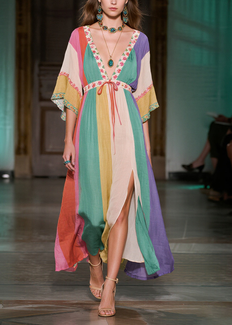 Boho Colorblock Deep-V Neck Side Open Cotton Long Dress Summer
