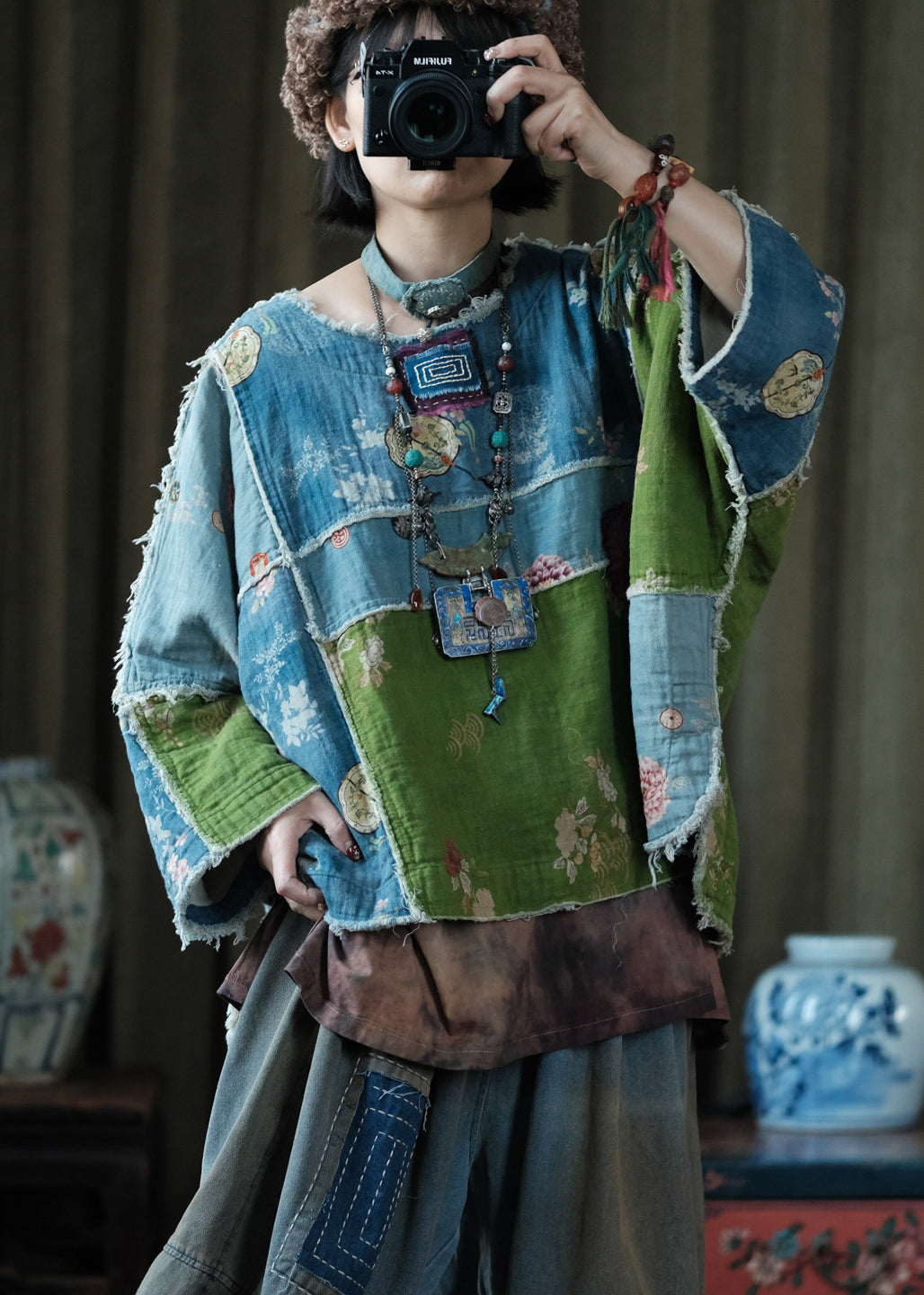 Boho Colorblock O Neck Print Patchwork Cotton Top Fall