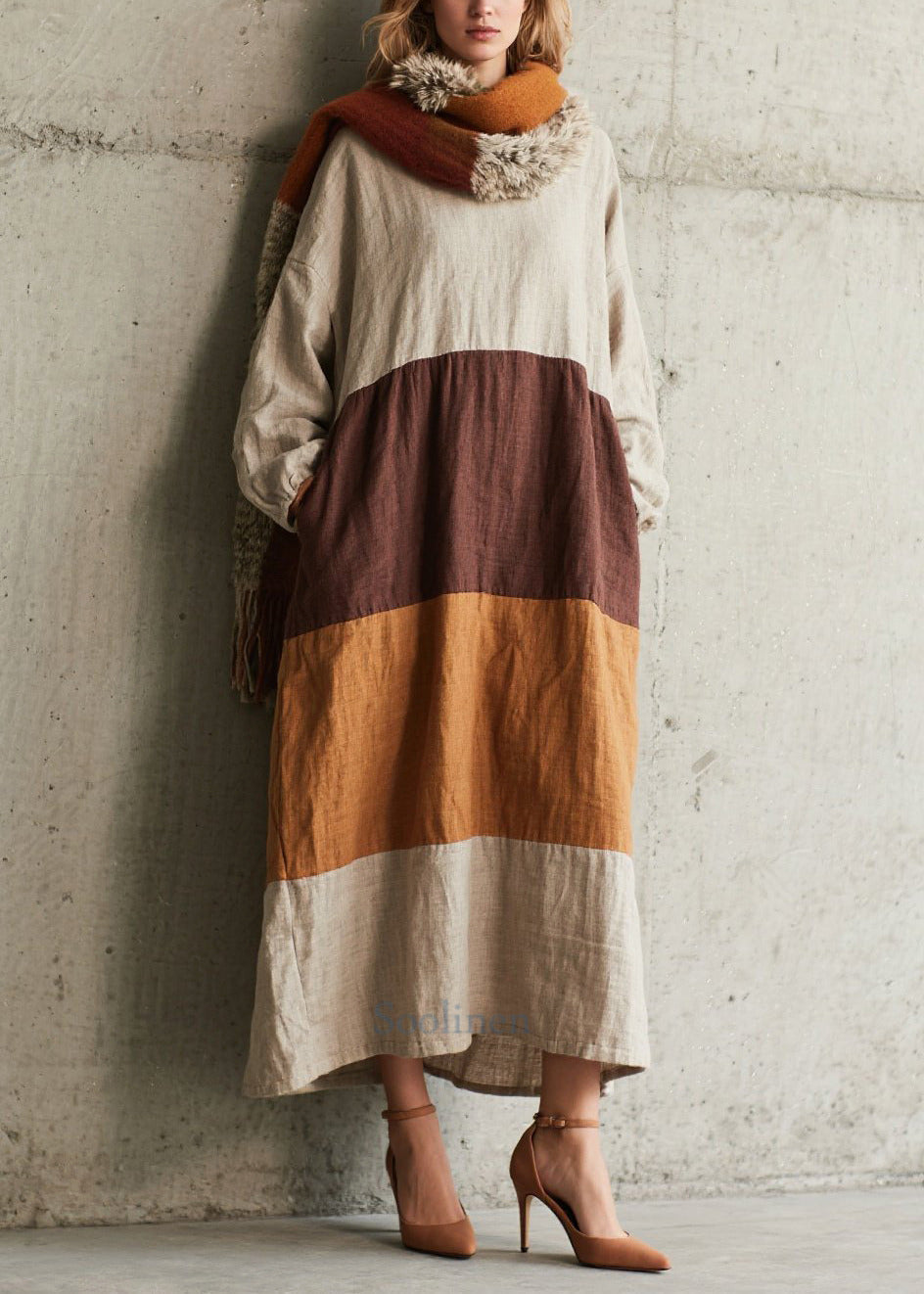Boho Colorblock Oversized Patchwork Cotton Dress Fall