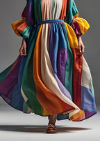 Boho Colorblock Peter Pan Collar Patchwork Cotton Dress Lantern Sleeve