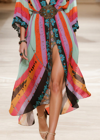 Boho Colorblock Print Side Open Chiffon Party Dress Summer