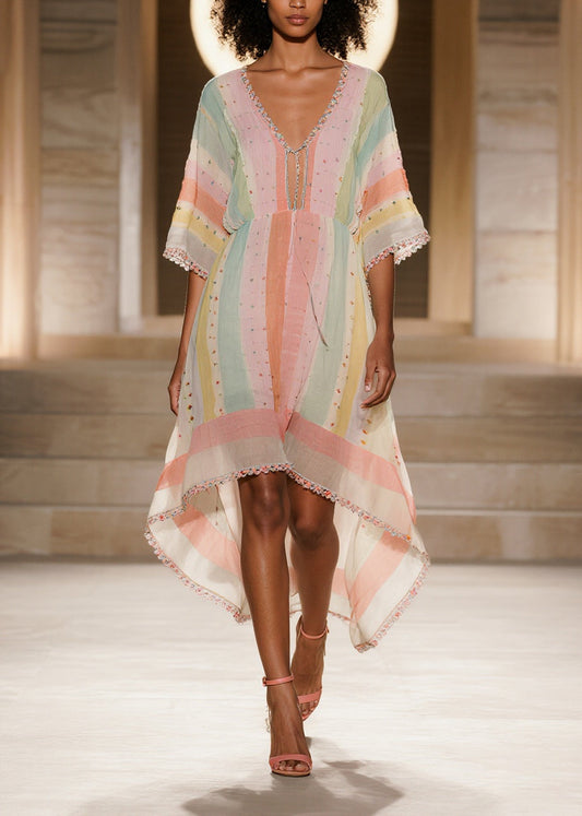 Boho Colorblock Striped Low High Design Cotton Dress Summer