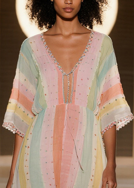 Boho Colorblock Striped Low High Design Cotton Dress Summer