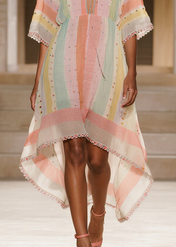 Boho Colorblock Striped Low High Design Cotton Dress Summer