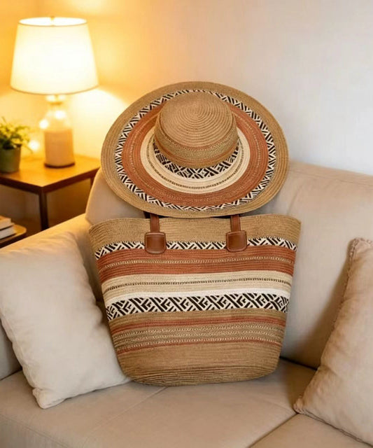 Boho Colorblock Striped Solid Durable Straw Woven Floppy Sun Hat And Shoulder Handbag Two Pieces Set Summer