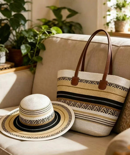 Boho Colorblock Striped Solid Durable Straw Woven Floppy Sun Hat And Shoulder Handbag Two Pieces Set Summer