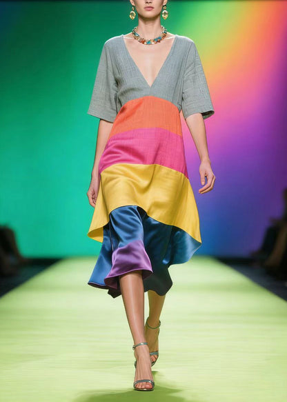 Boho Colorblock V Neck Patchwork Linen Silk Dress Summer
