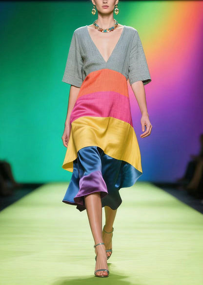 Boho Colorblock V Neck Patchwork Linen Silk Dress Summer