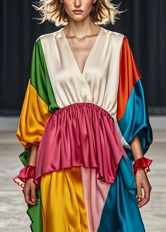Boho Colorblock V Neck Patchwork Silk Tea Dresses Spring
