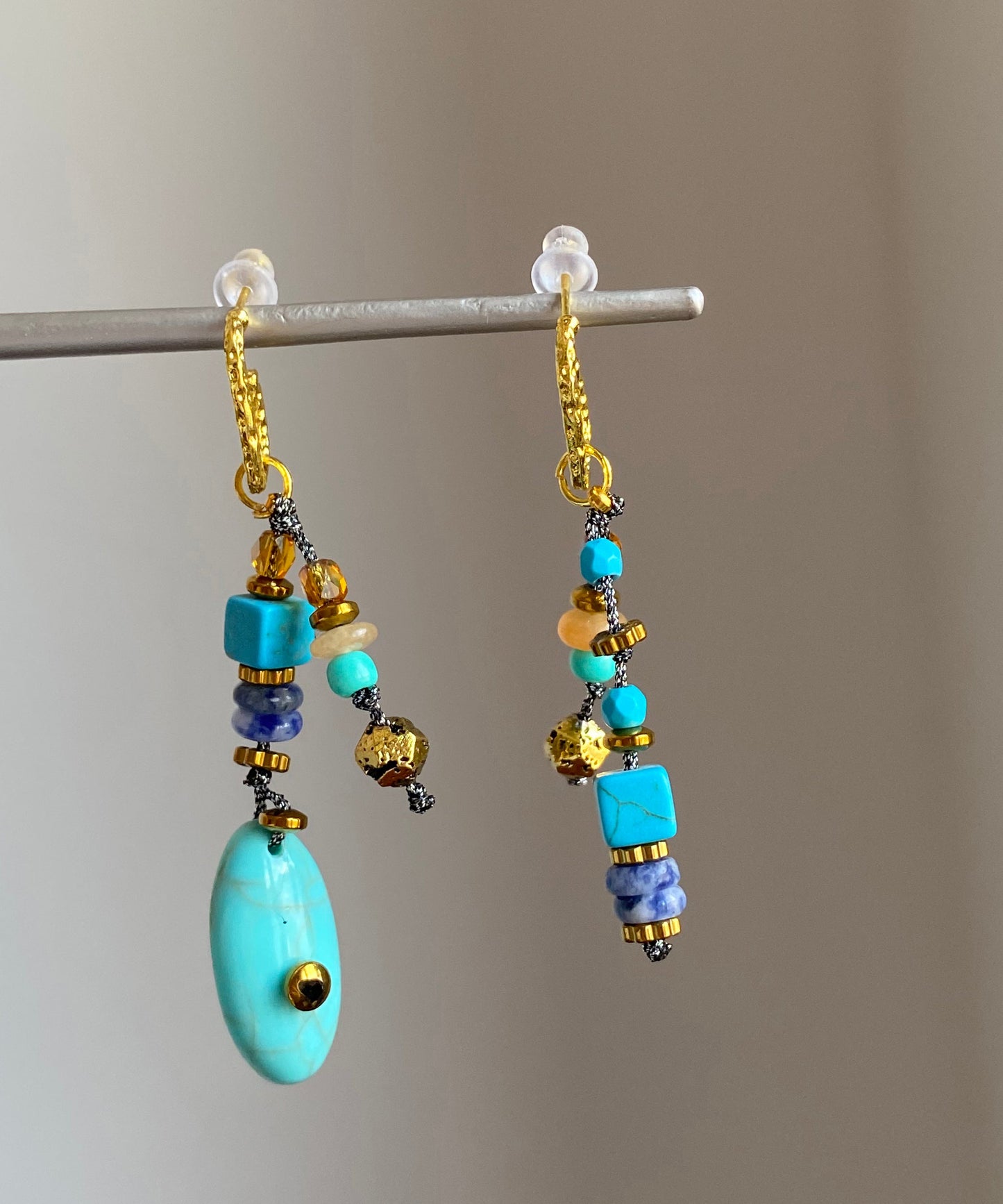 Boho Copper Overgild Asymmetrical Natural Stone Drop Earrings