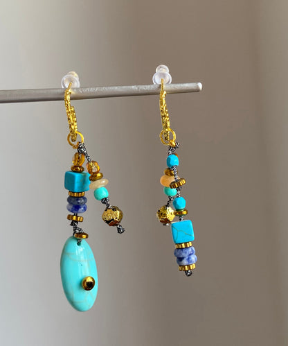 Boho Copper Overgild Asymmetrical Natural Stone Drop Earrings