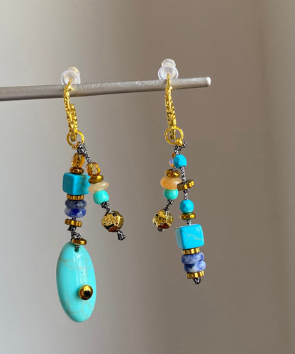 Boho Copper Overgild Asymmetrical Natural Stone Drop Earrings