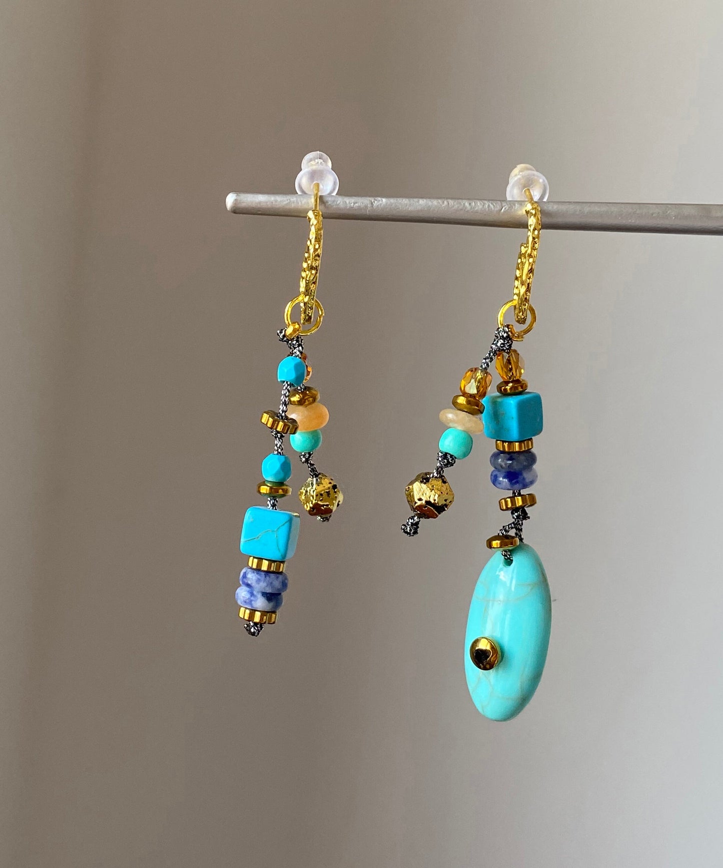 Boho Copper Overgild Asymmetrical Natural Stone Drop Earrings