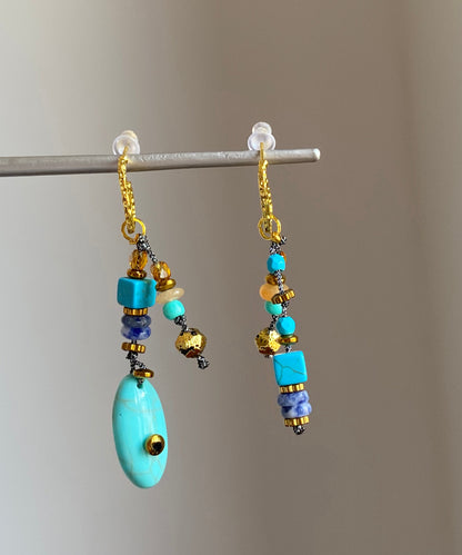 Boho Copper Overgild Asymmetrical Natural Stone Drop Earrings